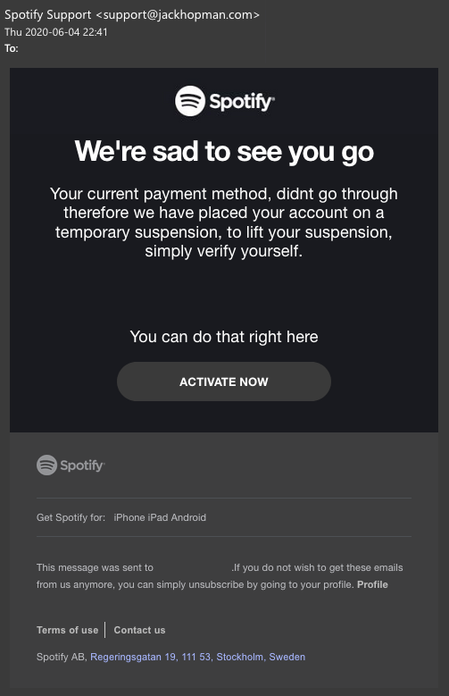 A screenshot of an email showing the Spotify logo and a "We're sad to see you go" message saying a payment didn't go through.