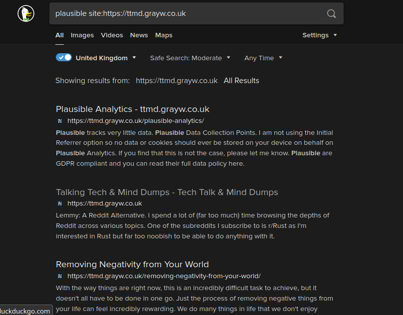 A screenshot of a DuckDuckGo search page showing some results from my blog after searching for "plausible"