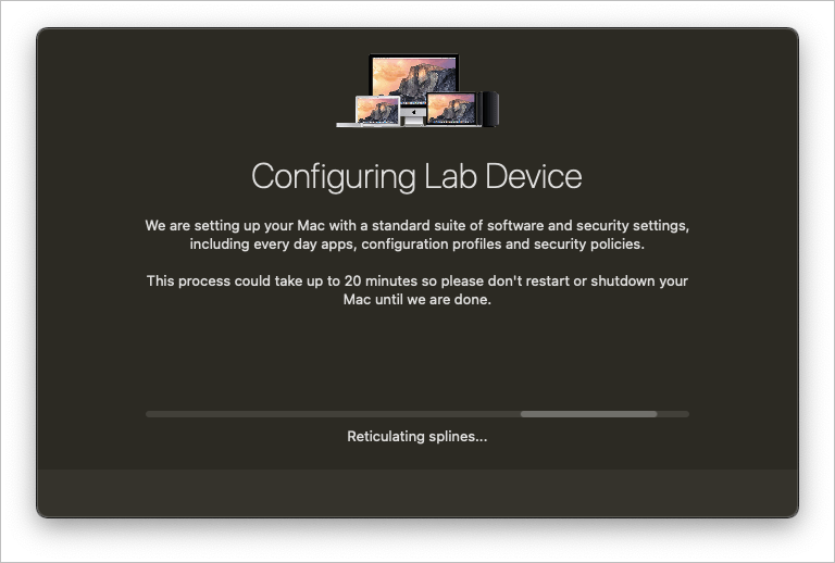 A screenshot of DEPNotify with the title "Configuring Lab Device" with some placeholder text to simulate installation